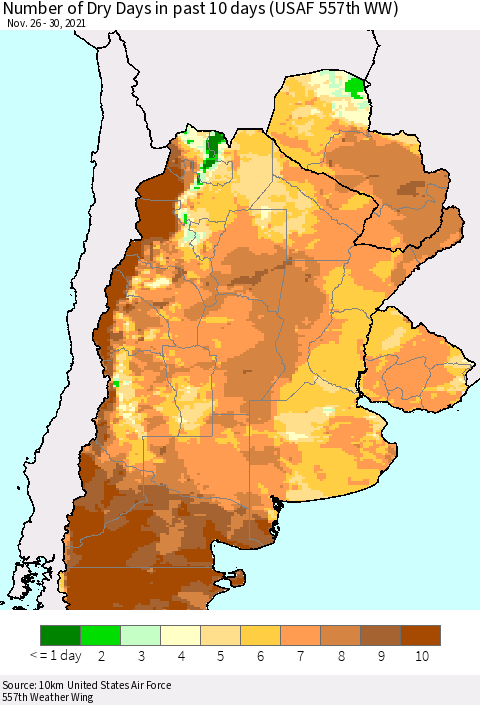 Southern South America Number of Dry Days in past 10 days (USAF 557th WW) Thematic Map For 11/26/2021 - 11/30/2021
