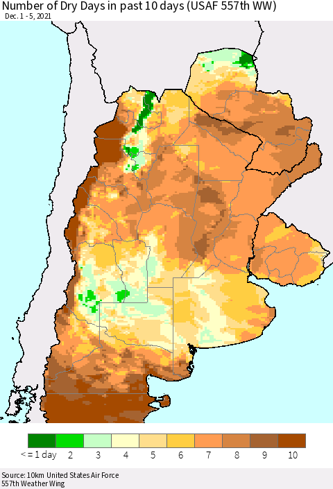 Southern South America Number of Dry Days in past 10 days (USAF 557th WW) Thematic Map For 12/1/2021 - 12/5/2021