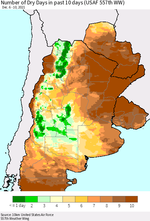 Southern South America Number of Dry Days in past 10 days (USAF 557th WW) Thematic Map For 12/6/2021 - 12/10/2021