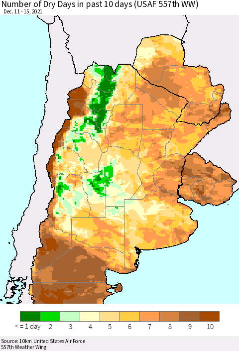 Southern South America Number of Dry Days in past 10 days (USAF 557th WW) Thematic Map For 12/11/2021 - 12/15/2021