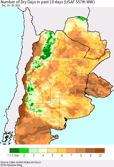 Southern South America Number of Dry Days in past 10 days (USAF 557th WW) Thematic Map For 12/16/2021 - 12/20/2021