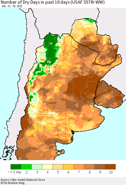Southern South America Number of Dry Days in past 10 days (USAF 557th WW) Thematic Map For 12/21/2021 - 12/25/2021