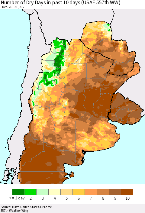 Southern South America Number of Dry Days in past 10 days (USAF 557th WW) Thematic Map For 12/26/2021 - 12/31/2021
