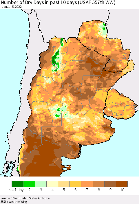 Southern South America Number of Dry Days in past 10 days (USAF 557th WW) Thematic Map For 1/1/2022 - 1/5/2022