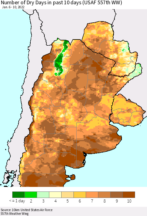 Southern South America Number of Dry Days in past 10 days (USAF 557th WW) Thematic Map For 1/6/2022 - 1/10/2022