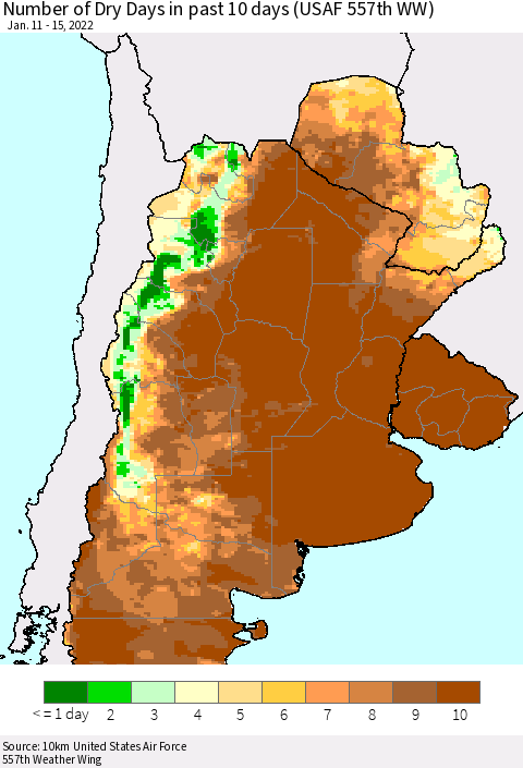Southern South America Number of Dry Days in past 10 days (USAF 557th WW) Thematic Map For 1/11/2022 - 1/15/2022