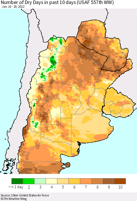 Southern South America Number of Dry Days in past 10 days (USAF 557th WW) Thematic Map For 1/16/2022 - 1/20/2022