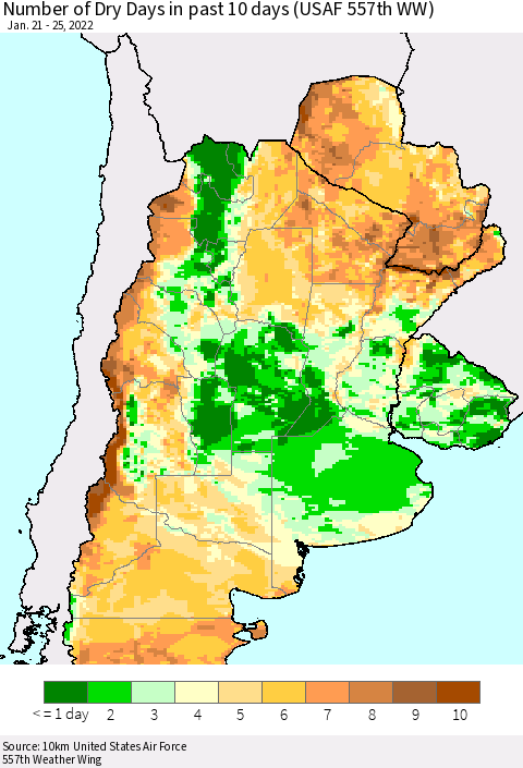 Southern South America Number of Dry Days in past 10 days (USAF 557th WW) Thematic Map For 1/21/2022 - 1/25/2022