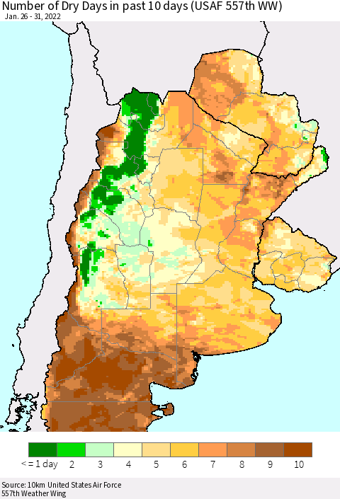 Southern South America Number of Dry Days in past 10 days (USAF 557th WW) Thematic Map For 1/26/2022 - 1/31/2022