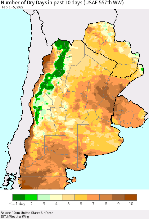 Southern South America Number of Dry Days in past 10 days (USAF 557th WW) Thematic Map For 2/1/2022 - 2/5/2022