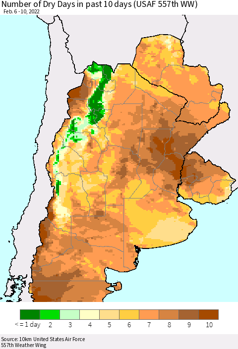 Southern South America Number of Dry Days in past 10 days (USAF 557th WW) Thematic Map For 2/6/2022 - 2/10/2022