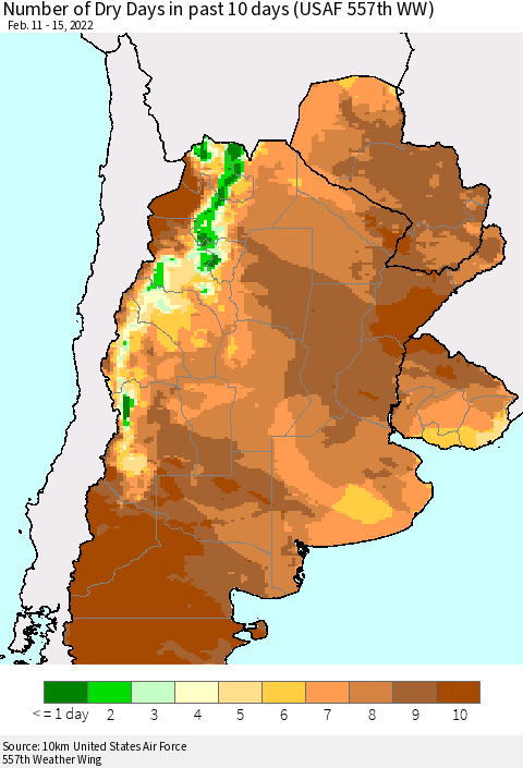 Southern South America Number of Dry Days in past 10 days (USAF 557th WW) Thematic Map For 2/11/2022 - 2/15/2022