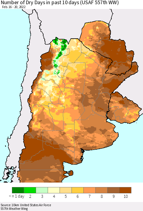 Southern South America Number of Dry Days in past 10 days (USAF 557th WW) Thematic Map For 2/16/2022 - 2/20/2022