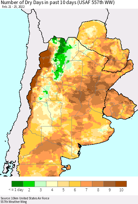 Southern South America Number of Dry Days in past 10 days (USAF 557th WW) Thematic Map For 2/21/2022 - 2/25/2022