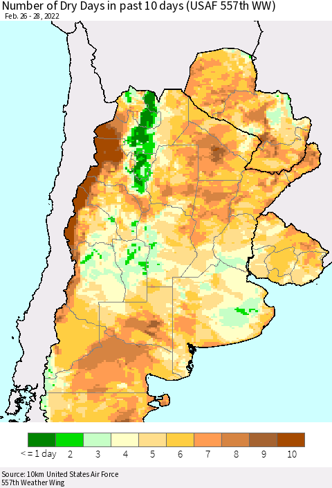 Southern South America Number of Dry Days in past 10 days (USAF 557th WW) Thematic Map For 2/26/2022 - 2/28/2022