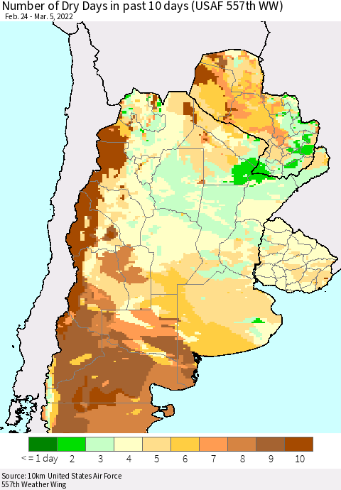 Southern South America Number of Dry Days in past 10 days (USAF 557th WW) Thematic Map For 3/1/2022 - 3/5/2022