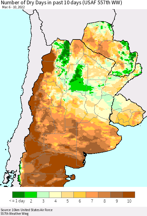 Southern South America Number of Dry Days in past 10 days (USAF 557th WW) Thematic Map For 3/6/2022 - 3/10/2022