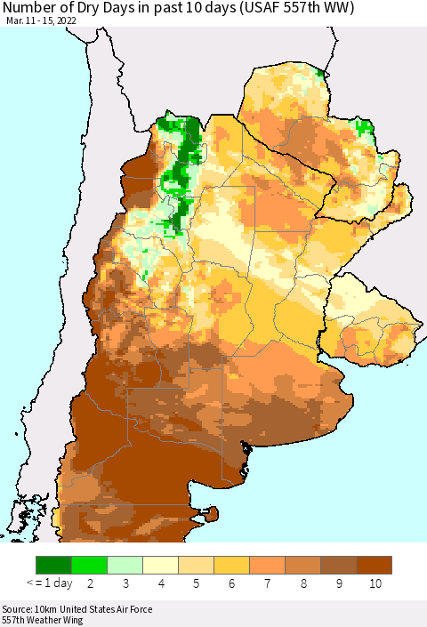 Southern South America Number of Dry Days in past 10 days (USAF 557th WW) Thematic Map For 3/11/2022 - 3/15/2022