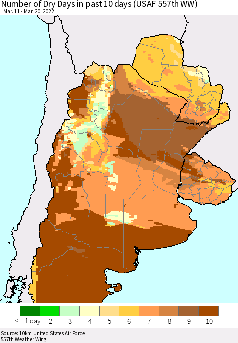 Southern South America Number of Dry Days in past 10 days (USAF 557th WW) Thematic Map For 3/16/2022 - 3/20/2022