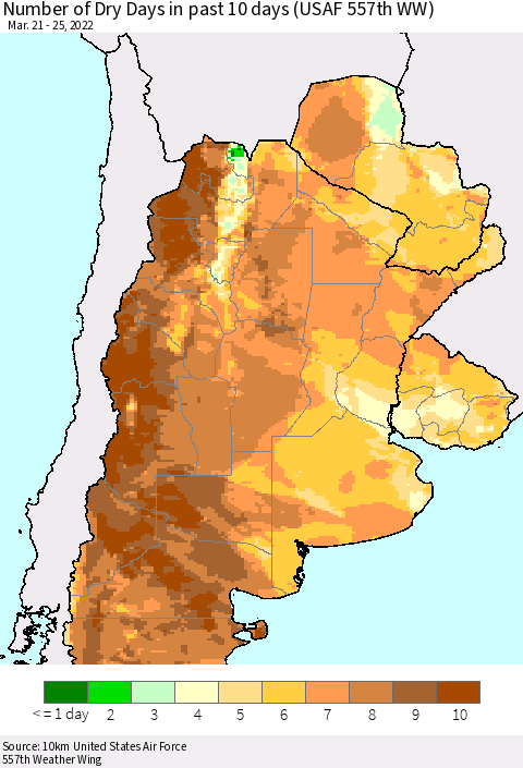 Southern South America Number of Dry Days in past 10 days (USAF 557th WW) Thematic Map For 3/21/2022 - 3/25/2022