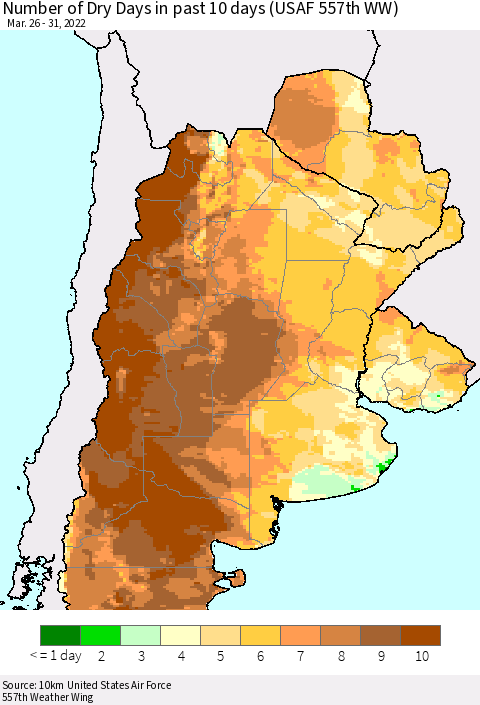 Southern South America Number of Dry Days in past 10 days (USAF 557th WW) Thematic Map For 3/26/2022 - 3/31/2022