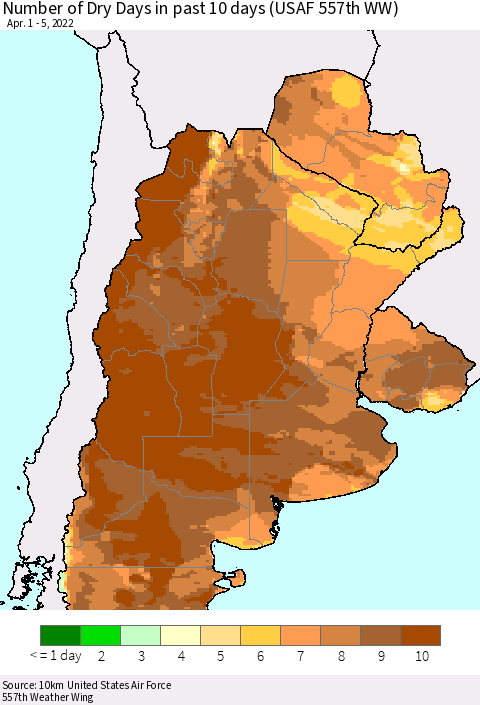 Southern South America Number of Dry Days in past 10 days (USAF 557th WW) Thematic Map For 4/1/2022 - 4/5/2022