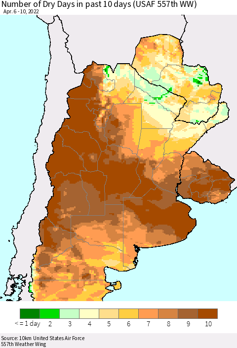 Southern South America Number of Dry Days in past 10 days (USAF 557th WW) Thematic Map For 4/6/2022 - 4/10/2022