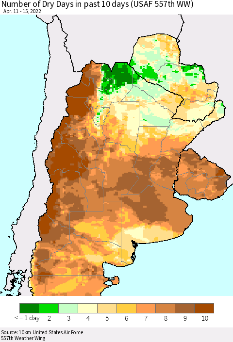 Southern South America Number of Dry Days in past 10 days (USAF 557th WW) Thematic Map For 4/11/2022 - 4/15/2022
