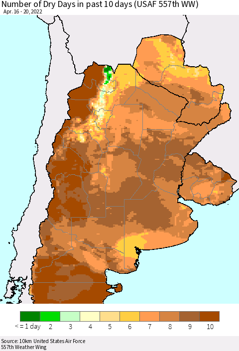 Southern South America Number of Dry Days in past 10 days (USAF 557th WW) Thematic Map For 4/16/2022 - 4/20/2022