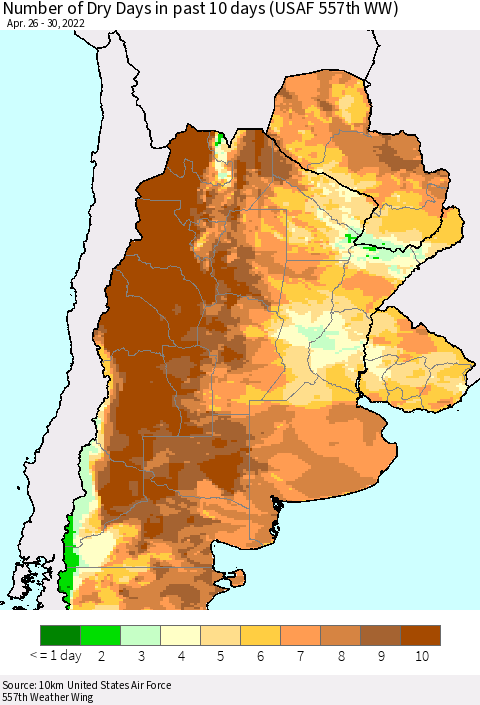 Southern South America Number of Dry Days in past 10 days (USAF 557th WW) Thematic Map For 4/26/2022 - 4/30/2022
