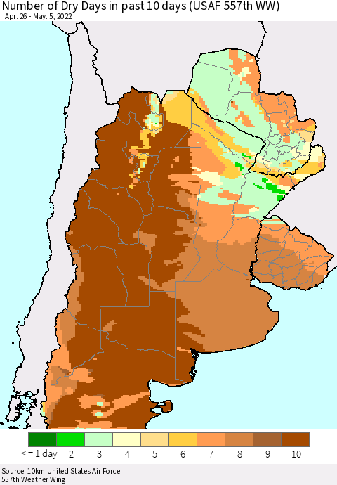 Southern South America Number of Dry Days in past 10 days (USAF 557th WW) Thematic Map For 5/1/2022 - 5/5/2022