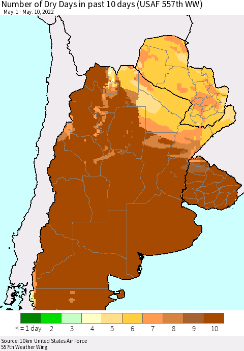 Southern South America Number of Dry Days in past 10 days (USAF 557th WW) Thematic Map For 5/6/2022 - 5/10/2022