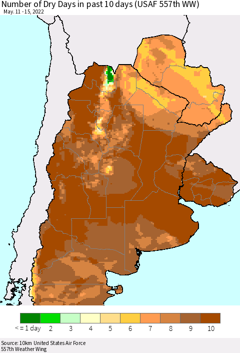 Southern South America Number of Dry Days in past 10 days (USAF 557th WW) Thematic Map For 5/11/2022 - 5/15/2022