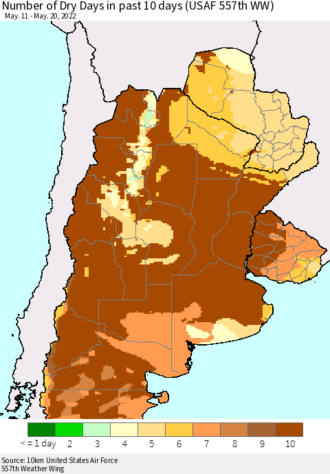 Southern South America Number of Dry Days in past 10 days (USAF 557th WW) Thematic Map For 5/16/2022 - 5/20/2022