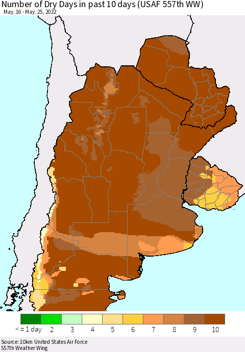 Southern South America Number of Dry Days in past 10 days (USAF 557th WW) Thematic Map For 5/21/2022 - 5/25/2022