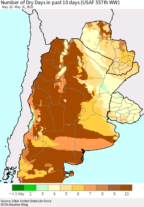 Southern South America Number of Dry Days in past 10 days (USAF 557th WW) Thematic Map For 5/26/2022 - 5/31/2022