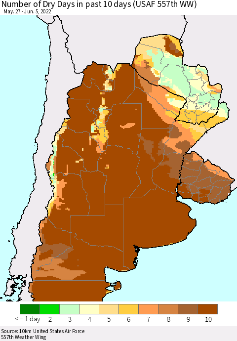 Southern South America Number of Dry Days in past 10 days (USAF 557th WW) Thematic Map For 6/1/2022 - 6/5/2022