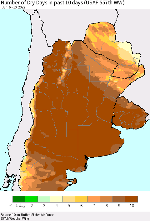 Southern South America Number of Dry Days in past 10 days (USAF 557th WW) Thematic Map For 6/6/2022 - 6/10/2022