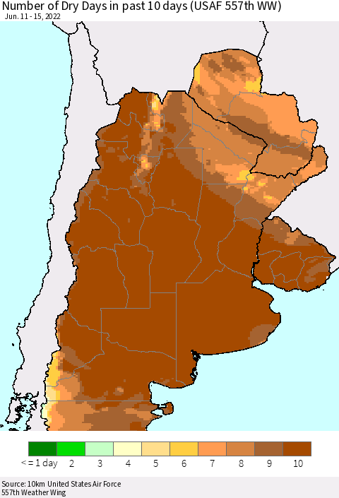 Southern South America Number of Dry Days in past 10 days (USAF 557th WW) Thematic Map For 6/11/2022 - 6/15/2022