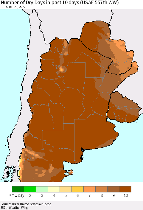 Southern South America Number of Dry Days in past 10 days (USAF 557th WW) Thematic Map For 6/16/2022 - 6/20/2022