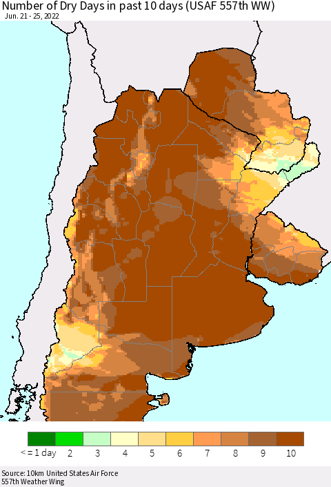 Southern South America Number of Dry Days in past 10 days (USAF 557th WW) Thematic Map For 6/21/2022 - 6/25/2022