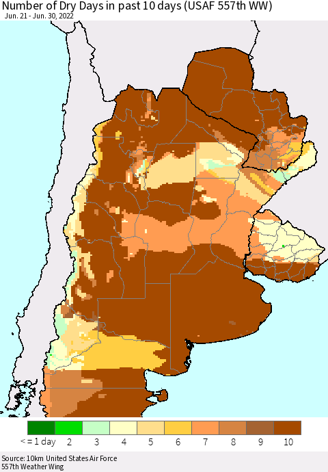 Southern South America Number of Dry Days in past 10 days (USAF 557th WW) Thematic Map For 6/26/2022 - 6/30/2022