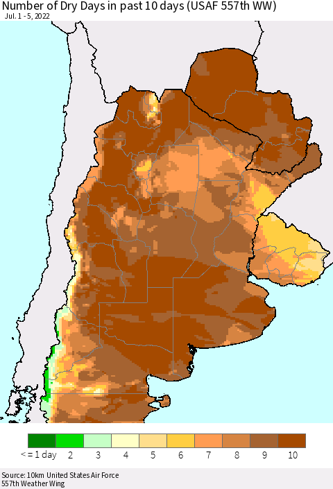 Southern South America Number of Dry Days in past 10 days (USAF 557th WW) Thematic Map For 7/1/2022 - 7/5/2022