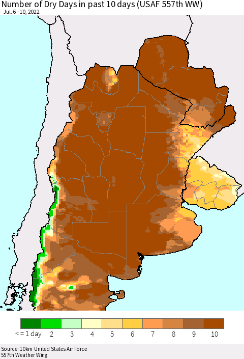 Southern South America Number of Dry Days in past 10 days (USAF 557th WW) Thematic Map For 7/6/2022 - 7/10/2022