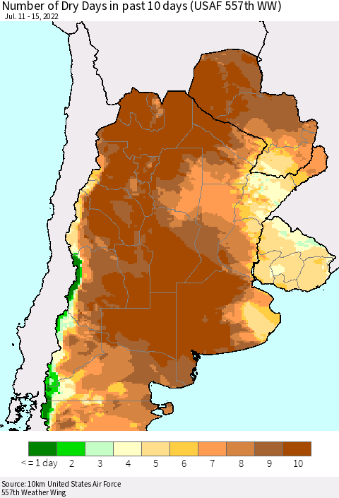 Southern South America Number of Dry Days in past 10 days (USAF 557th WW) Thematic Map For 7/11/2022 - 7/15/2022