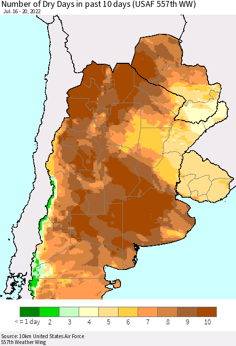 Southern South America Number of Dry Days in past 10 days (USAF 557th WW) Thematic Map For 7/16/2022 - 7/20/2022