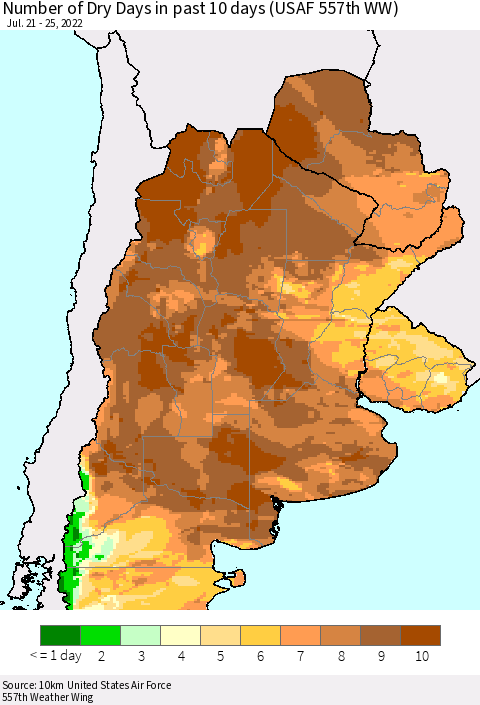 Southern South America Number of Dry Days in past 10 days (USAF 557th WW) Thematic Map For 7/21/2022 - 7/25/2022