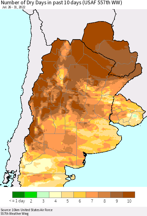 Southern South America Number of Dry Days in past 10 days (USAF 557th WW) Thematic Map For 7/26/2022 - 7/31/2022