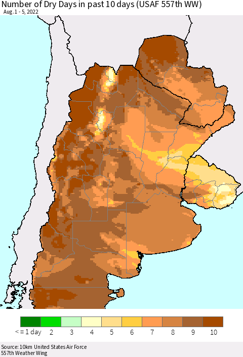 Southern South America Number of Dry Days in past 10 days (USAF 557th WW) Thematic Map For 8/1/2022 - 8/5/2022