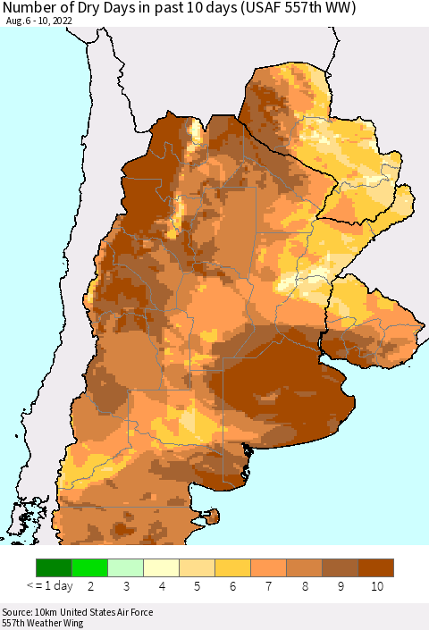 Southern South America Number of Dry Days in past 10 days (USAF 557th WW) Thematic Map For 8/6/2022 - 8/10/2022